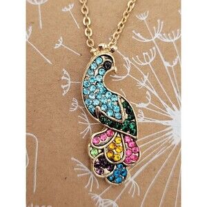 Genuine Crystal Multi-Color Peacock Gold Tone Pendant Necklace‎